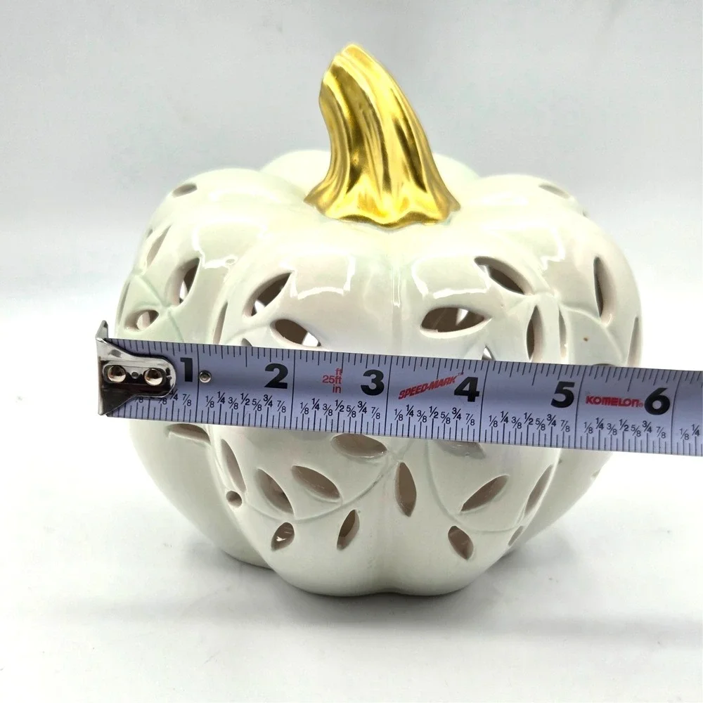 Ceramic‎ White Pumpkin with Gold Stem Battery Light Up Halloween Thanksgiving